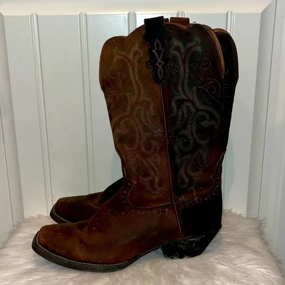 JUSTIN WOMEN'S SQUARE TOE STAMPEDE WESTERN BOOTS 10B scalloped top