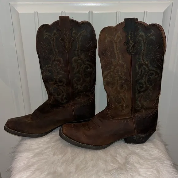 JUSTIN WOMEN'S SQUARE TOE STAMPEDE WESTERN BOOTS 10B scalloped top