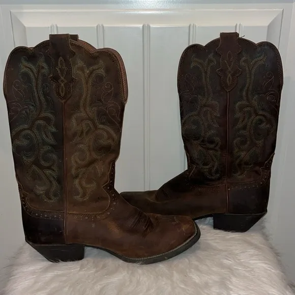 JUSTIN WOMEN'S SQUARE TOE STAMPEDE WESTERN BOOTS 10B scalloped top