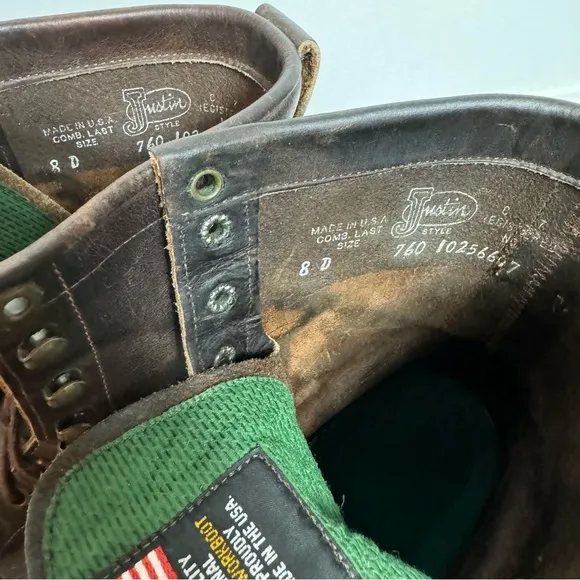 Justin Work Boots Brown Leather 760 Lace Up Size 8 Made in USA Round Toe