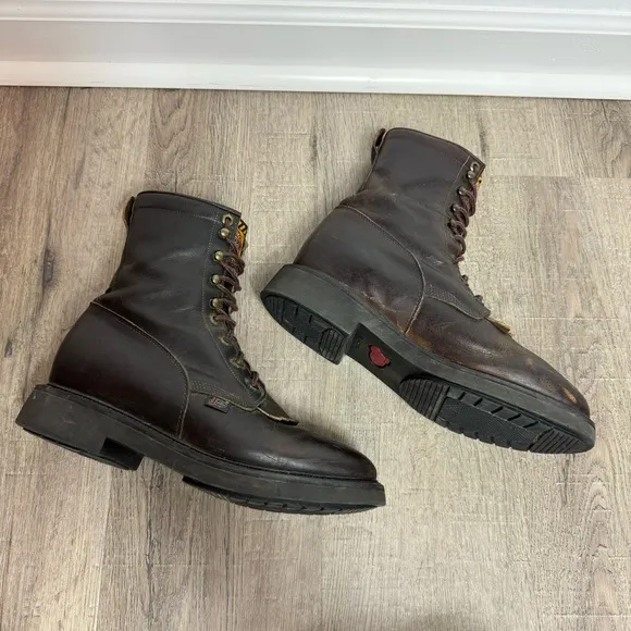 Justin Work Boots Brown Leather 760 Lace Up Size 8 Made in USA Round Toe