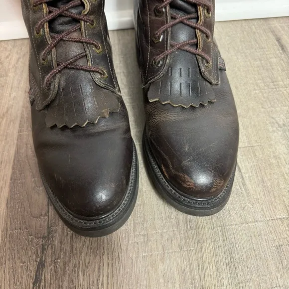Justin Work Boots Brown Leather 760 Lace Up Size 8 Made in USA Round Toe