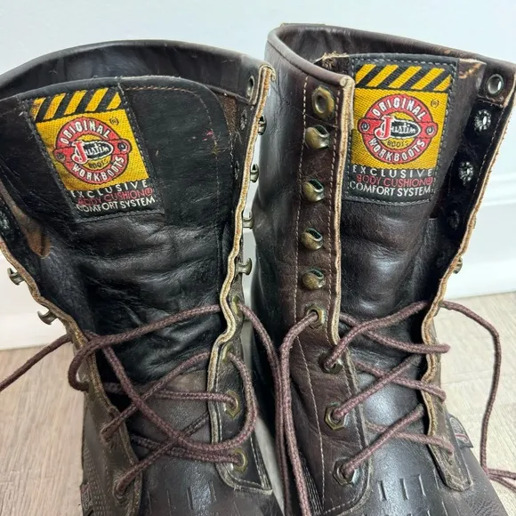 Justin Work Boots Brown Leather 760 Lace Up Size 8 Made in USA Round Toe