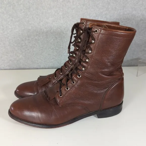 Justin Work Lace Up Lacer Kiltie Ropers Leather Cowboy Boots Mens 13D Brown Work