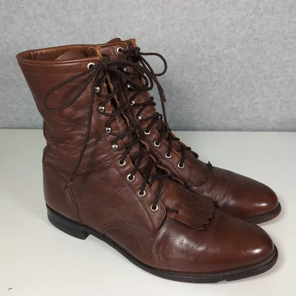 Justin Work Lace Up Lacer Kiltie Ropers Leather Cowboy Boots Mens 13D Brown Work