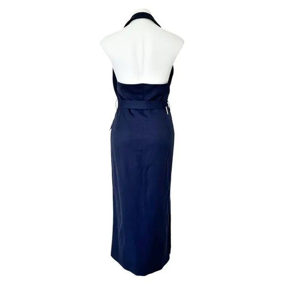 Karen Millen Tailored Cotton Halter Neck Belted Full Skirted Navy Shirt Dress 8