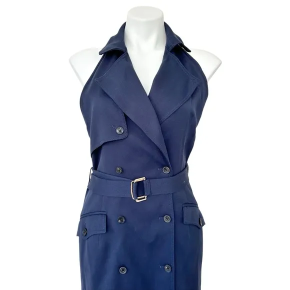 Karen Millen Tailored Cotton Halter Neck Belted Full Skirted Navy Shirt Dress 8