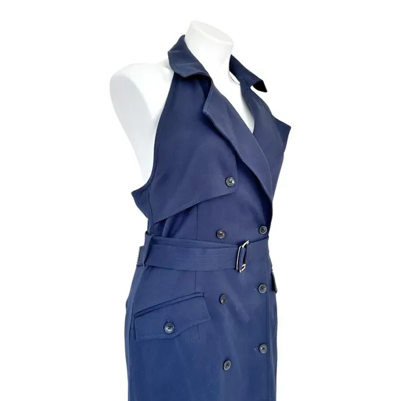 Karen Millen Tailored Cotton Halter Neck Belted Full Skirted Navy Shirt Dress 8