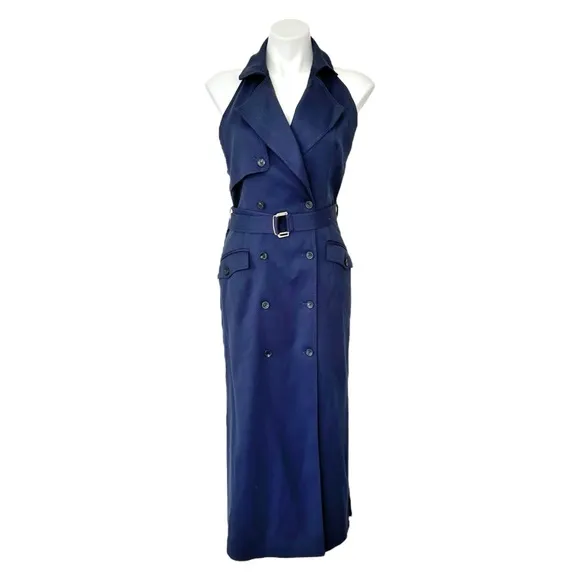 Karen Millen Tailored Cotton Halter Neck Belted Full Skirted Navy Shirt Dress 8