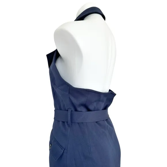 Karen Millen Tailored Cotton Halter Neck Belted Full Skirted Navy Shirt Dress 8
