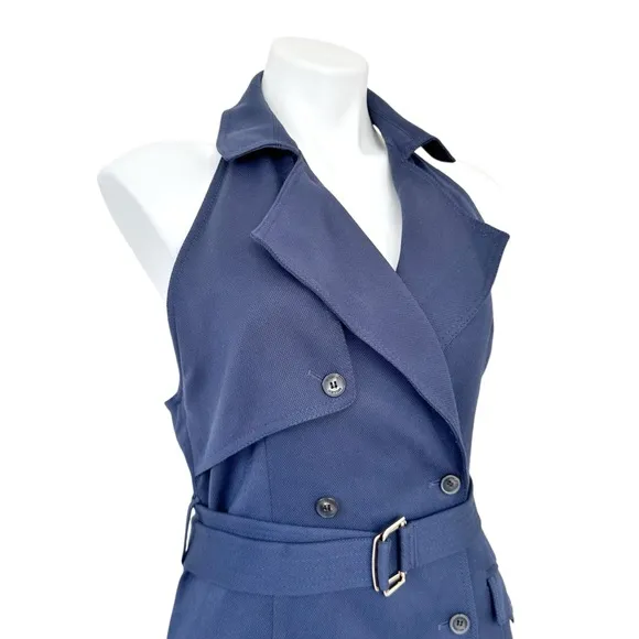 Karen Millen Tailored Cotton Halter Neck Belted Full Skirted Navy Shirt Dress 8