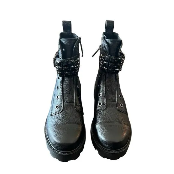Karl Lagerfeld Maeva Leather Moto Ankle Boots Embellished Straps NEW Size 7