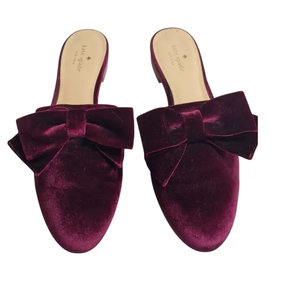 Kate Spade Bordeaux Madra Velvet Bow Mule Slip On Flat Slippers Sz 9