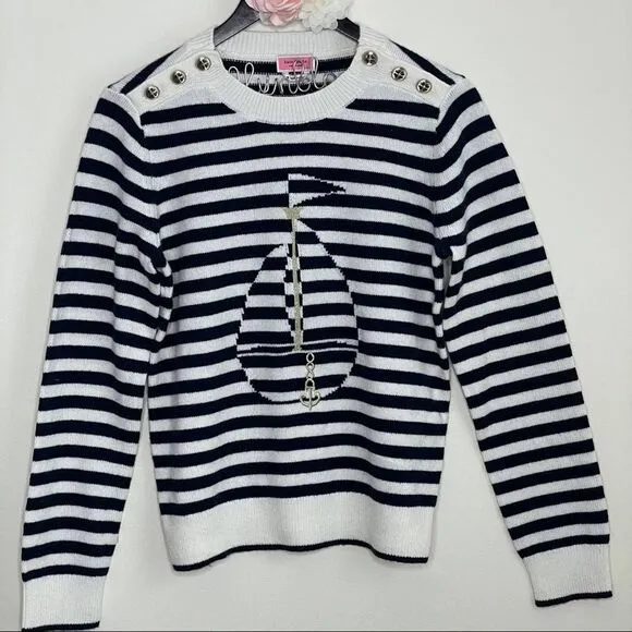 KATE SPADE Navy Striped Sail Boat Sweater MEDIUM