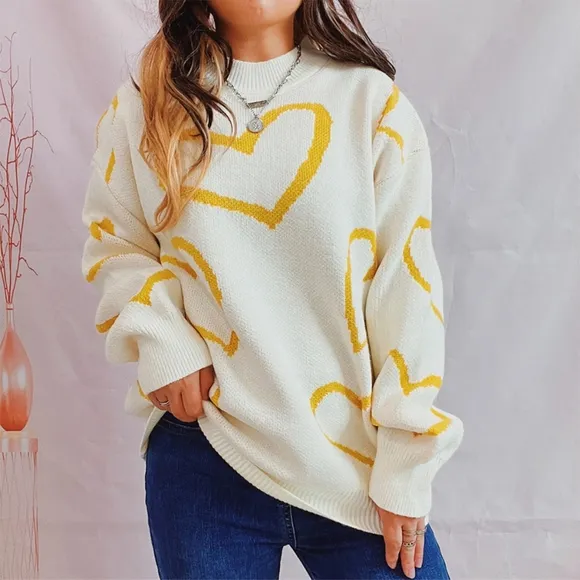 Knit Heart Color Contrasting Classic Long Sleeve Round Neck Pullover Sweater Top