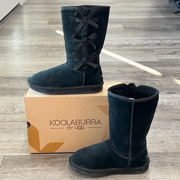 Koolaburra UGG Victoria Tall Boots Black 3 Bow Suede Kids Size 3