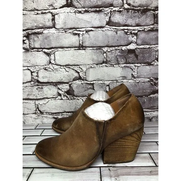 Kork-Ease Brown Leather Stacked Heel Wedge Ankle Booties Women’s Sz 7.5M US/38EU