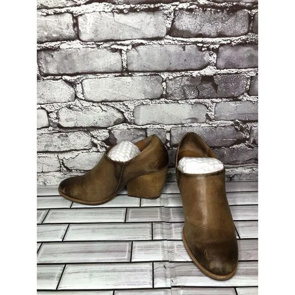 Kork-Ease Brown Leather Stacked Heel Wedge Ankle Booties Women’s Sz 7.5M US/38EU