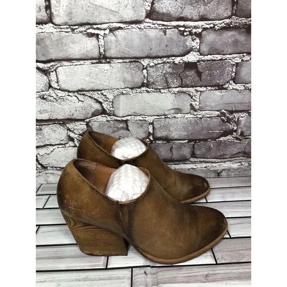 Kork-Ease Brown Leather Stacked Heel Wedge Ankle Booties Women’s Sz 7.5M US/38EU