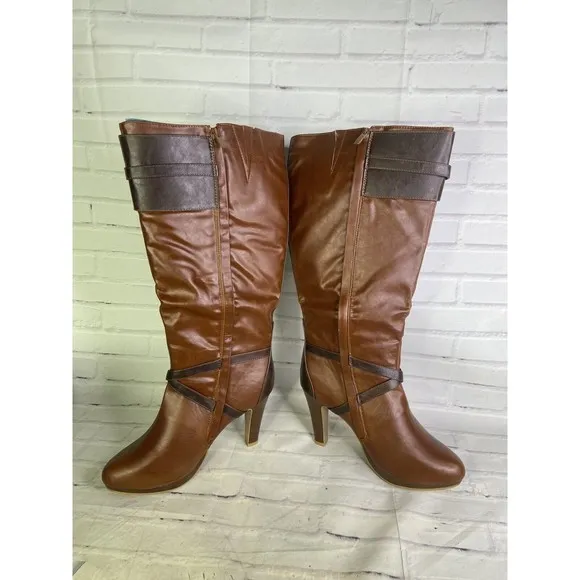 Lane Bryant Tanning Tan Brown Faux Leather Tall High Heel Riding Boots Womens 11