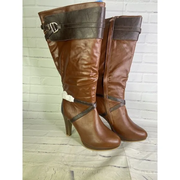 Lane Bryant Tanning Tan Brown Faux Leather Tall High Heel Riding Boots Womens 11