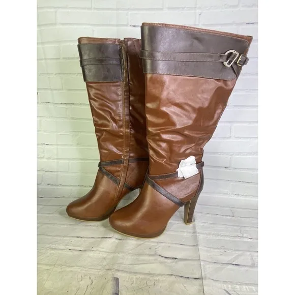 Lane Bryant Tanning Tan Brown Faux Leather Tall High Heel Riding Boots Womens 11