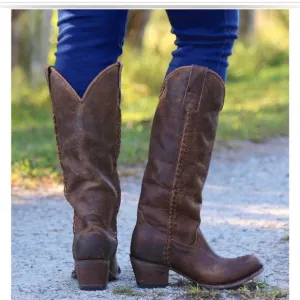 Lane Plain Jane cognac western whipstitch cowgirl cowboy knee hi Boots size 9.5