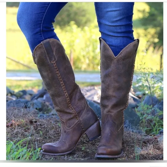 Lane Plain Jane cognac western whipstitch cowgirl cowboy knee hi Boots size 9.5