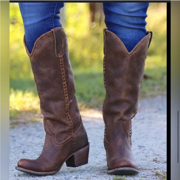 Lane Plain Jane cognac western whipstitch cowgirl cowboy knee hi Boots size 9.5
