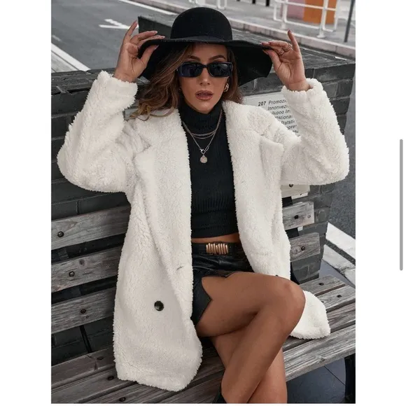 Lapel collared Double Breasted Teddy Coat Fuzzy Faux Fur