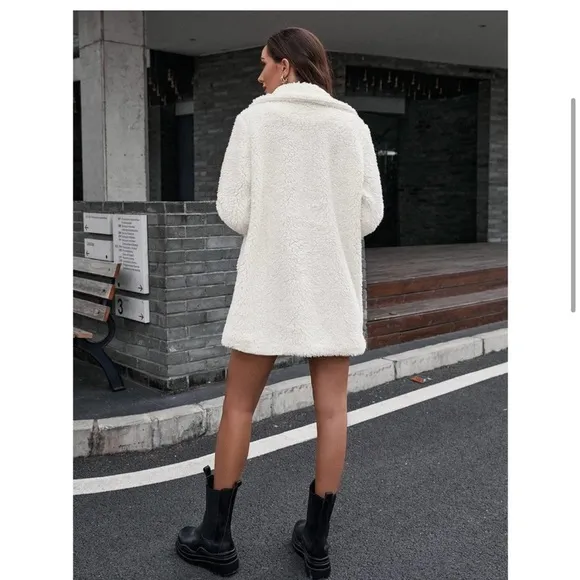 Lapel collared Double Breasted Teddy Coat Fuzzy Faux Fur