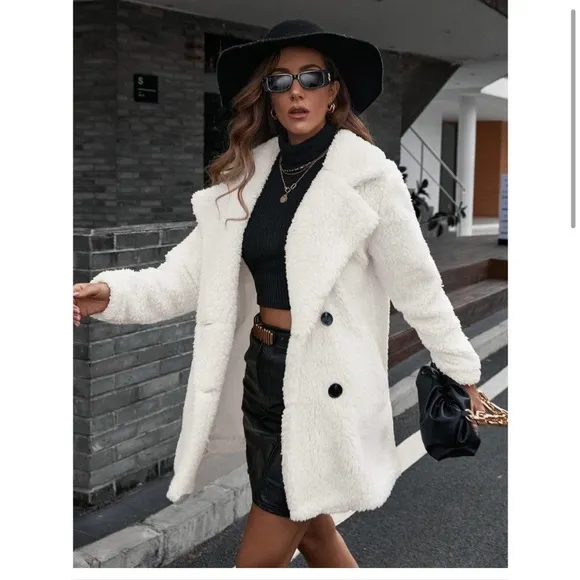 Lapel collared Double Breasted Teddy Coat Fuzzy Faux Fur