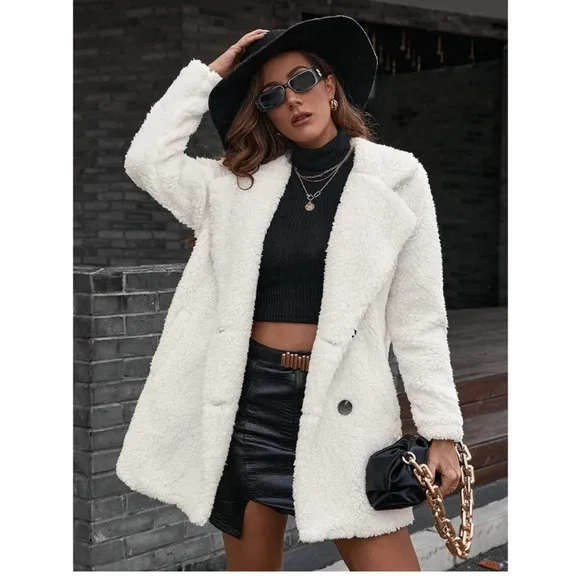 Lapel collared Double Breasted Teddy Coat Fuzzy Faux Fur