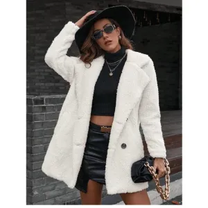 Lapel collared Double Breasted Teddy Coat Fuzzy Faux Fur