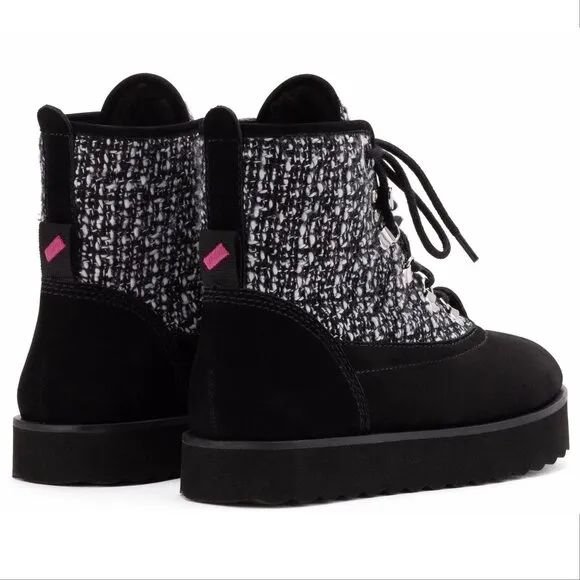 LARROUDE Vail Flat Lace up Boots Size 9 Black Suede Tweed NEW $415