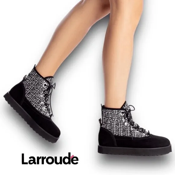 LARROUDE Vail Flat Lace up Boots Size 9 Black Suede Tweed NEW $415