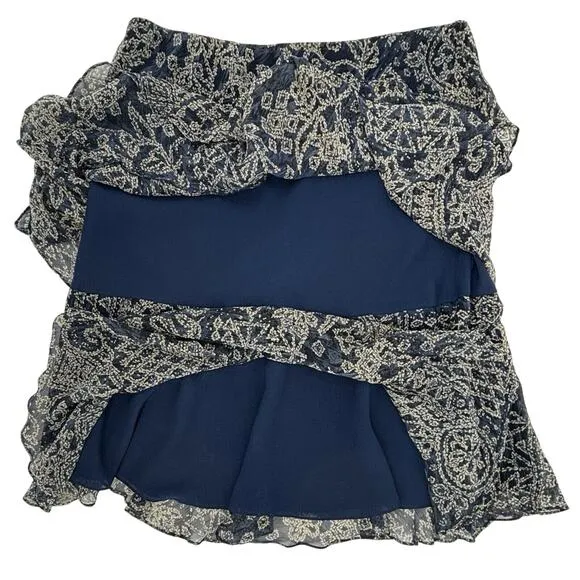 Lauren Ralph Lauren Silk Skirt Large Midi Ruffle Abstract Navy Boho Whimsigoth