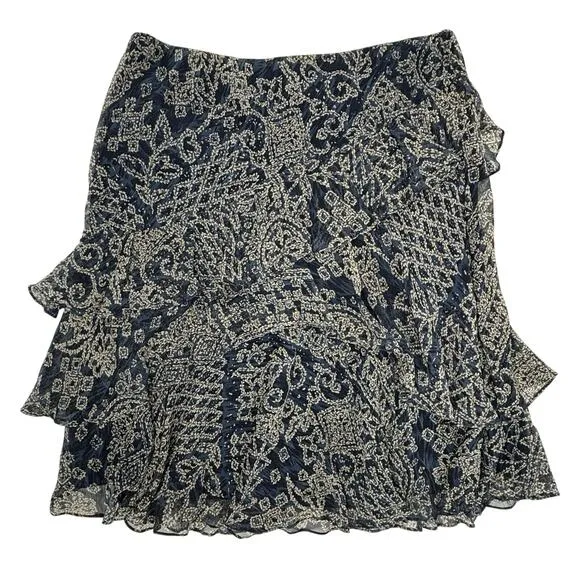 Lauren Ralph Lauren Silk Skirt Large Midi Ruffle Abstract Navy Boho Whimsigoth