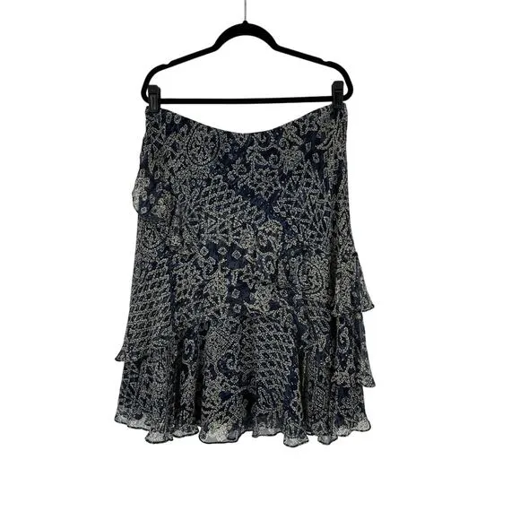 Lauren Ralph Lauren Silk Skirt Large Midi Ruffle Abstract Navy Boho Whimsigoth