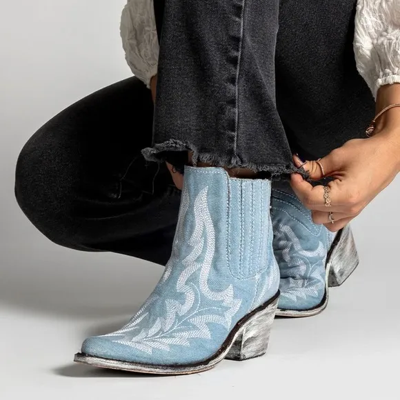 Liberty Black HANDMADE Denim Western Boots | Distressed Cowgirl Ankle Boots |8.5
