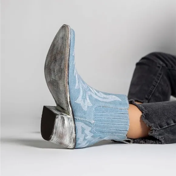 Liberty Black HANDMADE Denim Western Boots | Distressed Cowgirl Ankle Boots |8.5