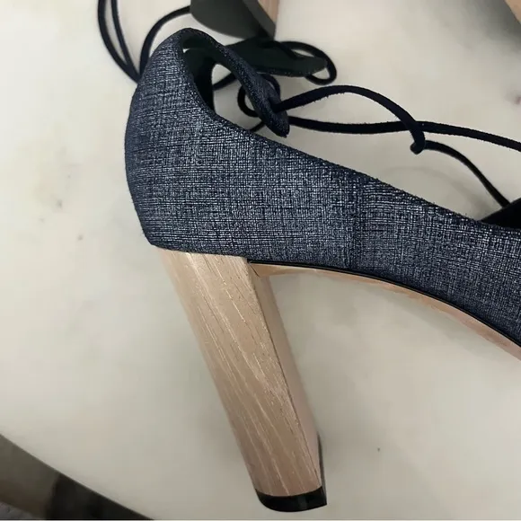 Like 🆕 Jimmy Choo blue demin &amp; wood tone accent lace up 3.5” block heel sandals
