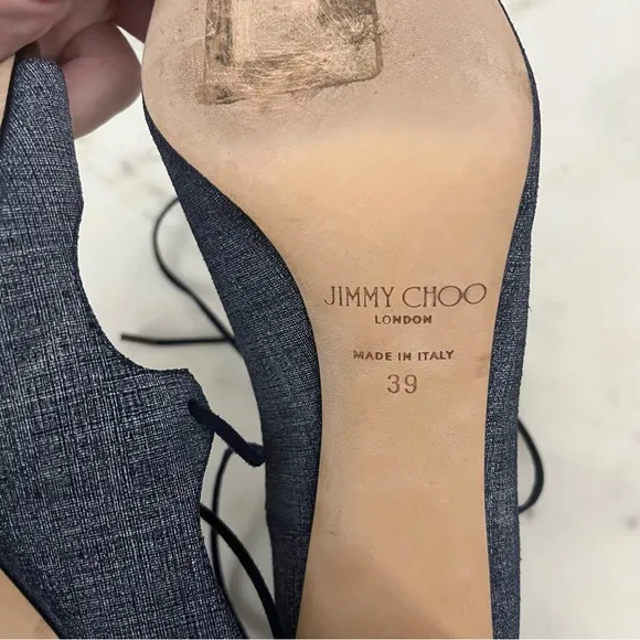 Like 🆕 Jimmy Choo blue demin &amp; wood tone accent lace up 3.5” block heel sandals