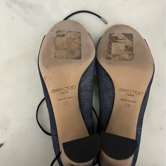 Like 🆕 Jimmy Choo blue demin &amp; wood tone accent lace up 3.5” block heel sandals