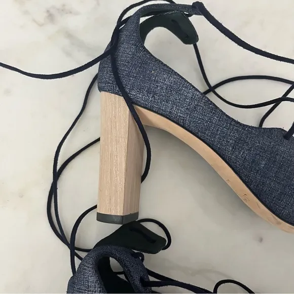 Like 🆕 Jimmy Choo blue demin &amp; wood tone accent lace up 3.5” block heel sandals