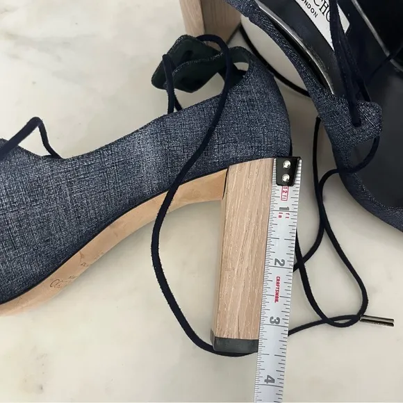 Like 🆕 Jimmy Choo blue demin &amp; wood tone accent lace up 3.5” block heel sandals