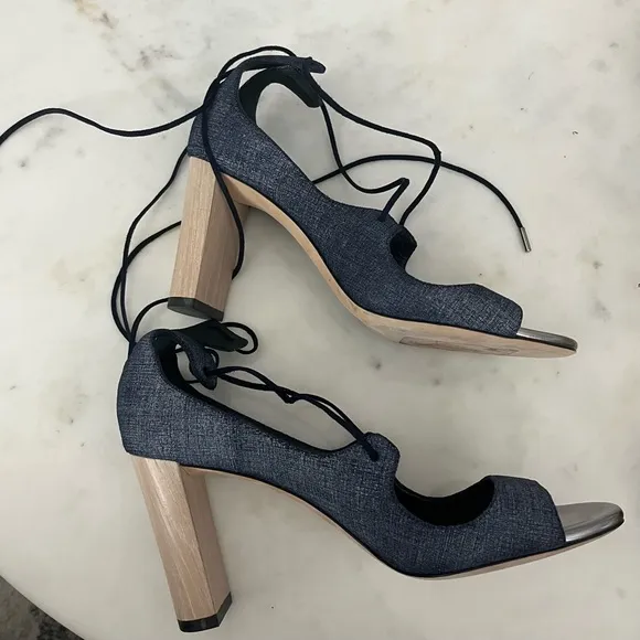 Like 🆕 Jimmy Choo blue demin &amp; wood tone accent lace up 3.5” block heel sandals