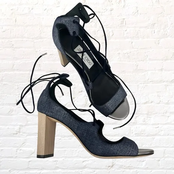 Like 🆕 Jimmy Choo blue demin &amp; wood tone accent lace up 3.5” block heel sandals