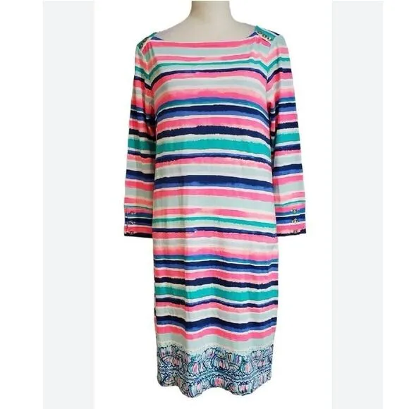 Lilly Pulitzer Sophie Shift Dress Sandy Shells 3/4 Sleeve Multi-Color Striped XS