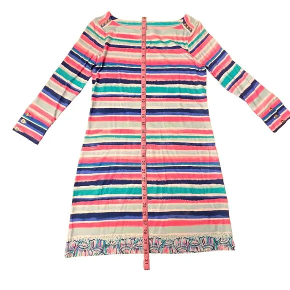 Lilly Pulitzer Sophie Shift Dress Sandy Shells 3/4 Sleeve Multi-Color Striped XS